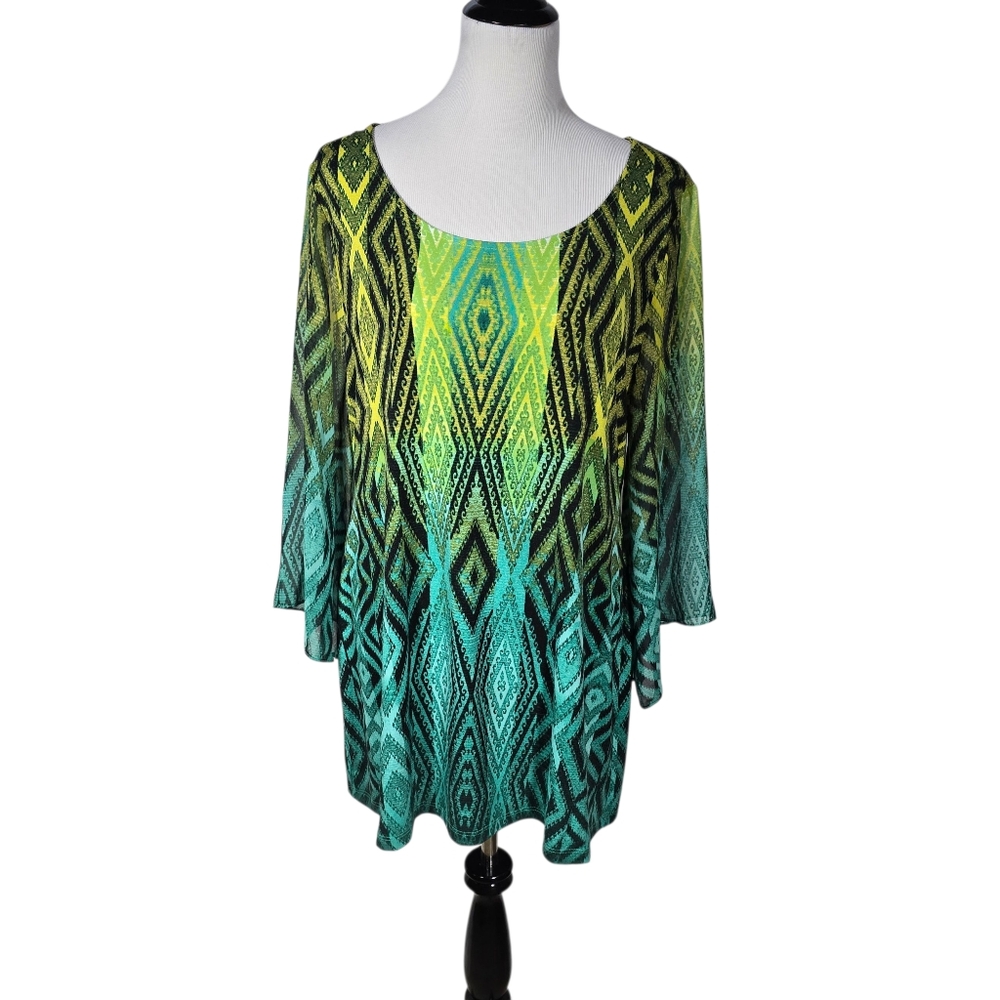 Style & Co. Large Vibrant Green and Yellow Tunic Top With Sheer Sleeves